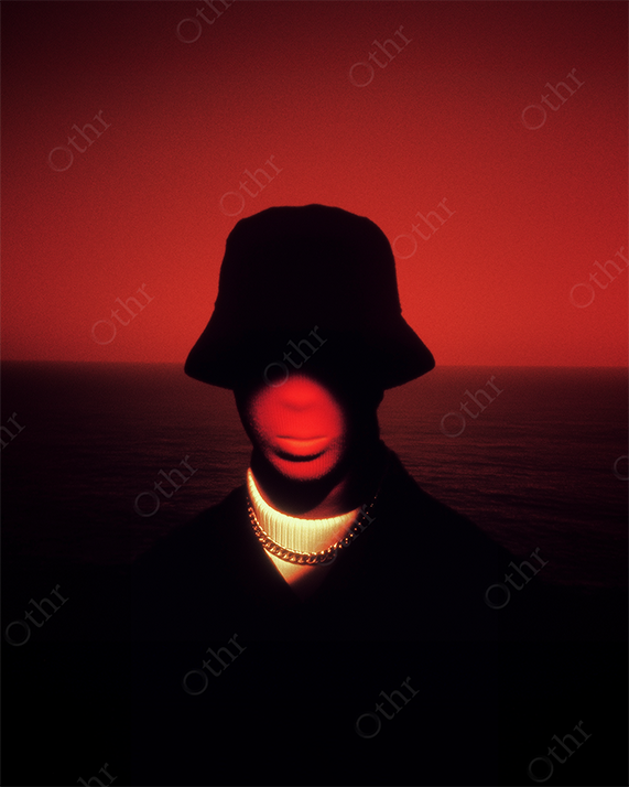 Silhouetted Figure in Hat With Illuminated Face and Necklace Against Red Horizon