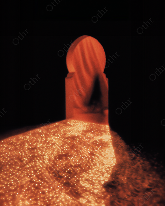 Abstract Red Archway With Draped Figure and Glittering Ground Path