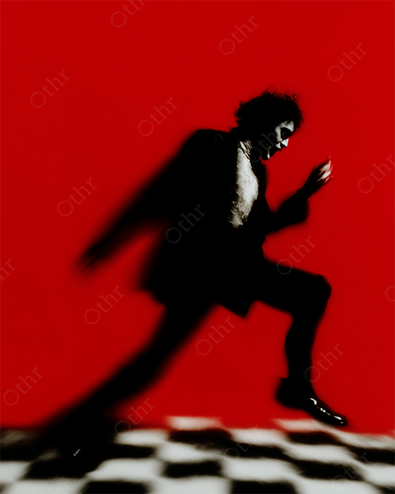 Blurred Figure in Suit Running Across Chequered Floor Against Red Background