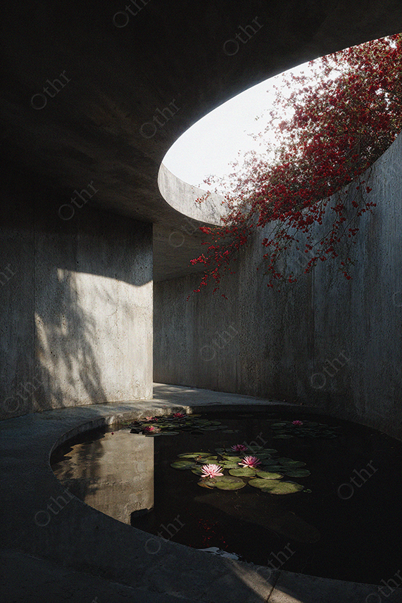 Concrete Courtyard With Circular Skylight and Water Lilies