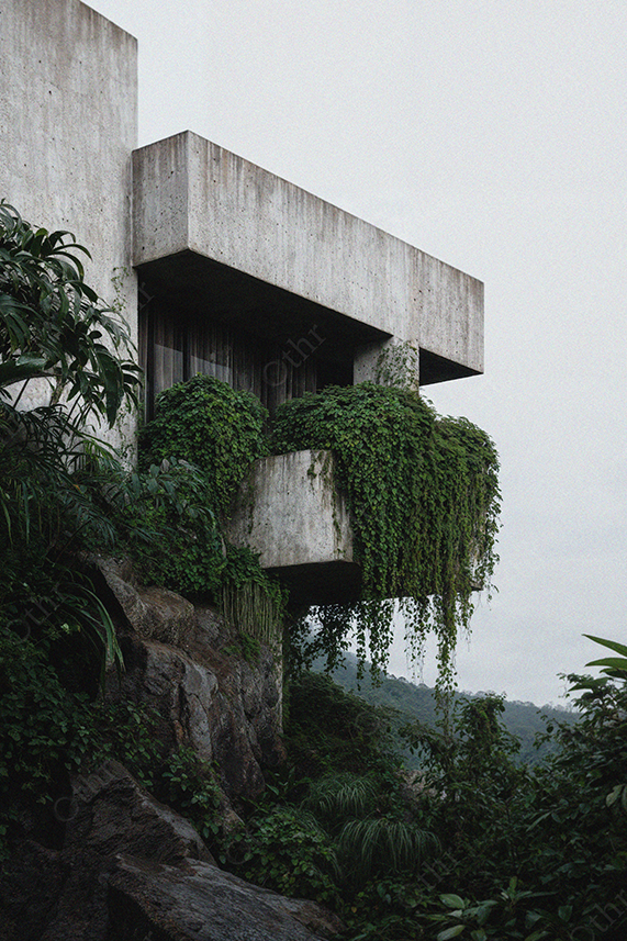 Brutalist Concrete House With Overgrown Greenery on Hillside