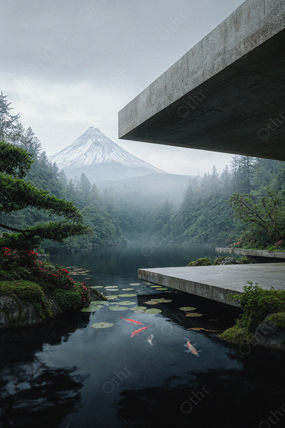 Modern Building Overlooking Lake With Koi Fish and Snow-Capped Mountain