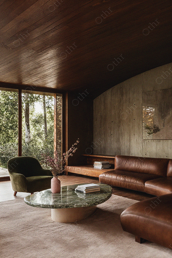 Modern Living Room With Leather Sofa, Marble Table, and Wooden Ceiling