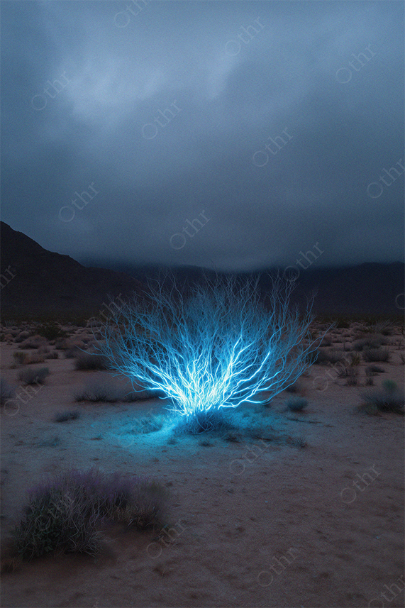 Glowing Blue Bush in Desert Landscape at Dusk