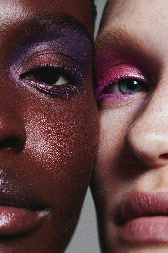 Close-Up Portrait of Two Faces With Purple and Pink Eye Makeup