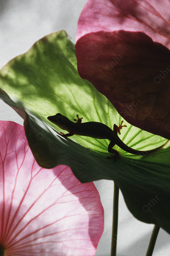 Silhouette of Gecko on Green and Pink Lotus Leaves