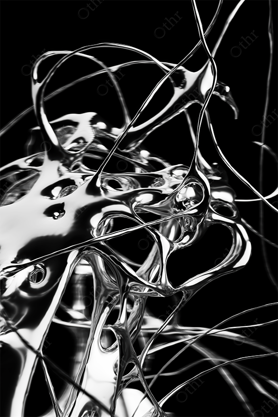 Abstract Liquid Metal Forms With Reflective Surfaces Against a Deep Black Background