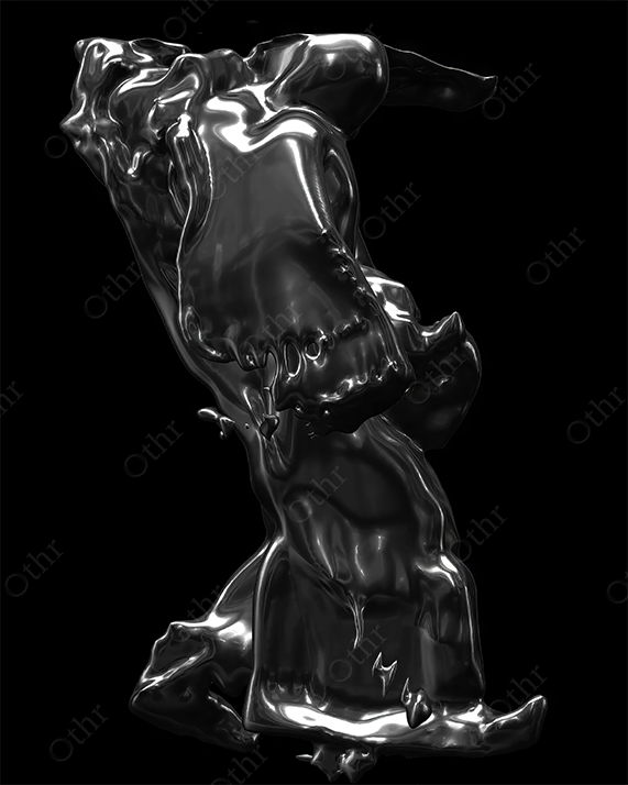 Glossy Black Abstract Sculpture With Distorted Fluid Form Against a Deep Black Background
