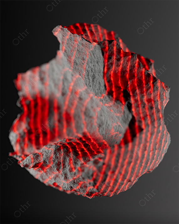 Fragmented Stone Form Wrapped in Glowing Red Linear Patterns Against a Dark Background