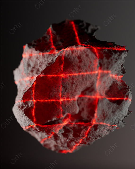 Rough Stone Fragment Intersected by Glowing Red Grid Lines Against a Dark Background