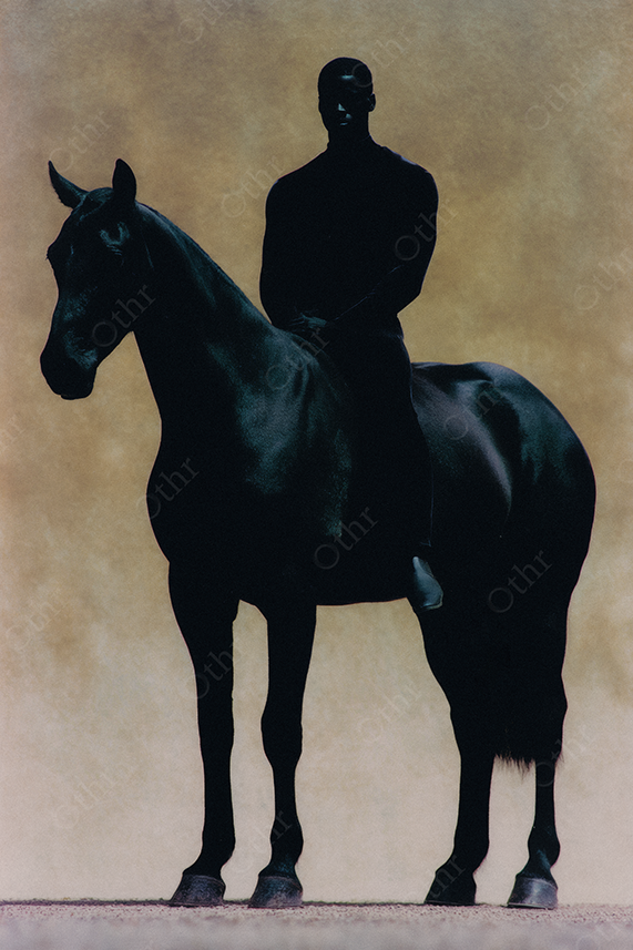 Man sitting on a black horse with a yellow backdrop.