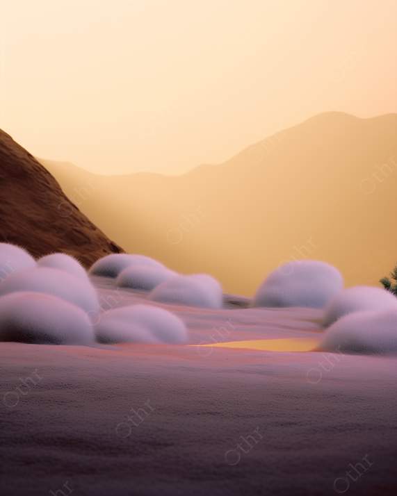 A surreal desert with soft, fur-like shrubs in shades of purple and blush, glowing under a peach and gold sky.