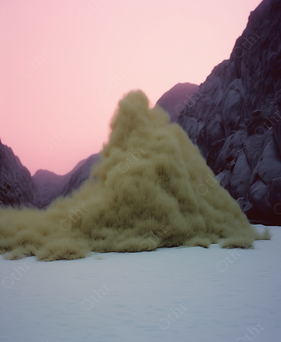 Green Fluffy Mound Rises Between Stone Cliffs Glowing Softly Under a Pink Sky