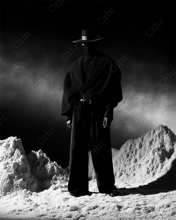 Monochrome Masked Figure in Wide-Brim hat