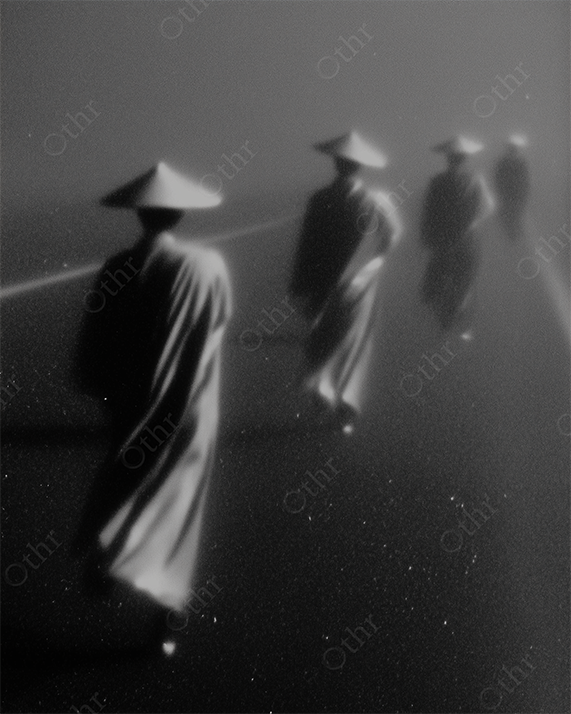 Monochrome Monks Walking into Fog on Quiet Road