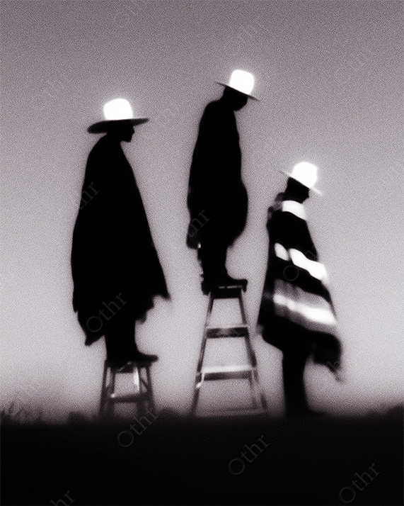 Monchrome Cowboys on Ladders Beneath Fading Sky