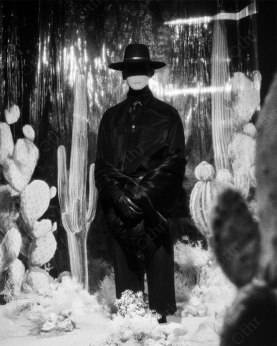 Monochrome Masked Figure in Wide-Brim Hat Surrounded by Cactus Plants
