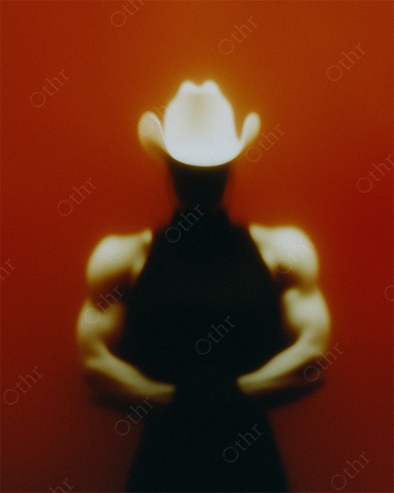 Muscular Figure in White Cowboy Hat Against Red