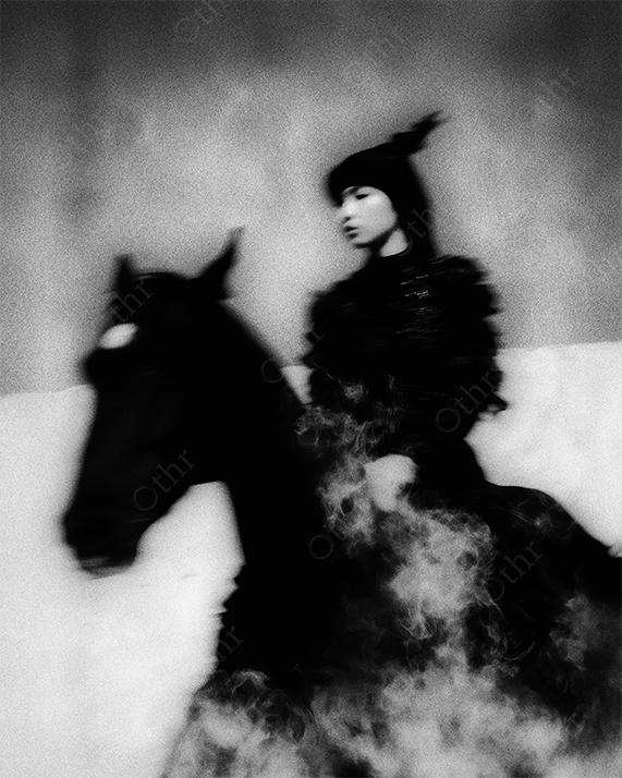 A woman in dark clothing riding a black horse in smoke and mist.