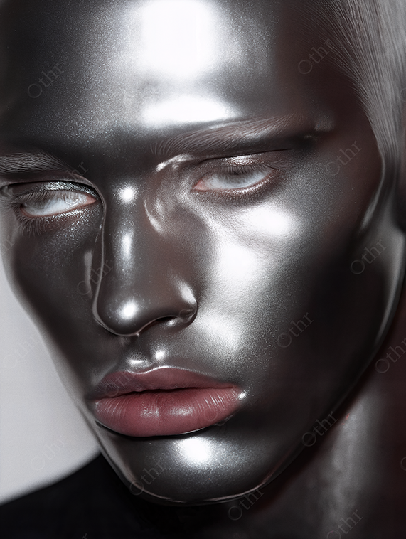 Portrait of a chrome face with — futuristic editorial meets digital surrealism.
