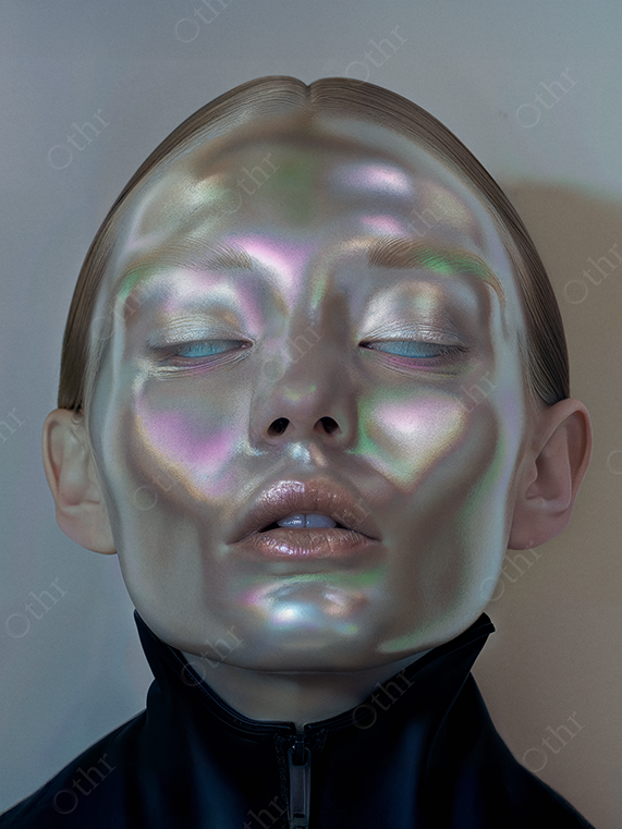 Hyperreal portrait of a woman with iridescent synthetic skin — futuristic beauty meets digital minimalism.