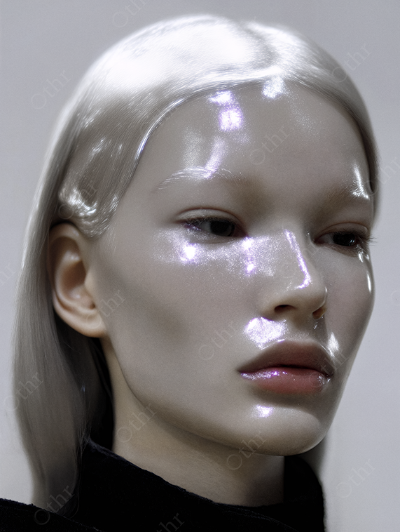 Hyperreal portrait of a woman with platinum hair and iridescent synthetic skin — futuristic beauty meets digital minimalism.
