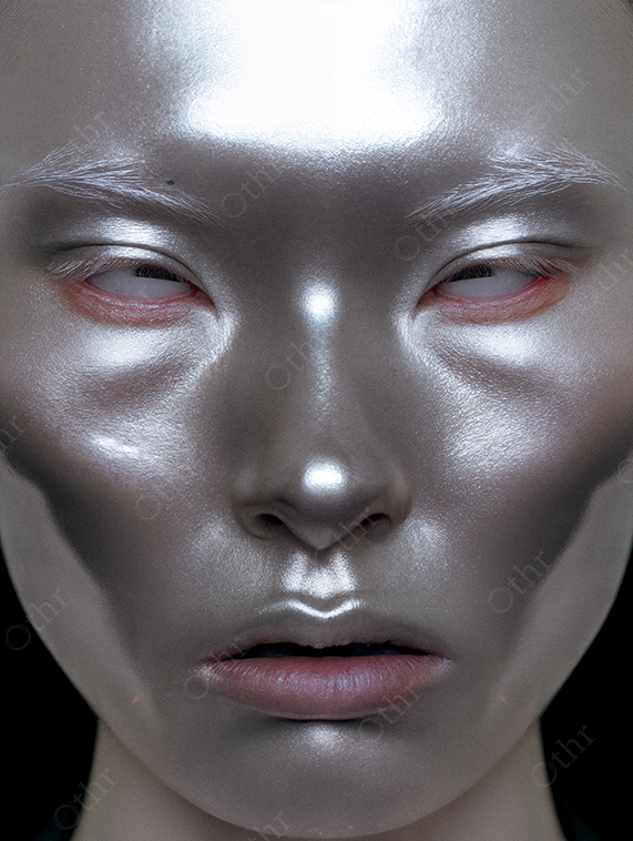 Portrait of a chrome face with metallic sheen and alien gaze — futuristic editorial beauty meets digital surrealism.