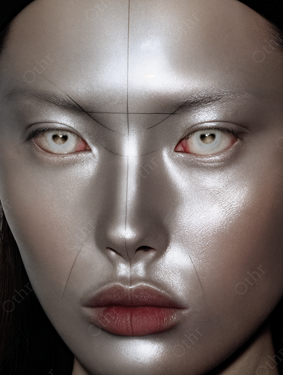 Portrait of a woman with silver makeup, icy eyes and precise surgical lines drawn across her face.