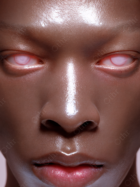 Portrait of a person with glowing pale irises and dark luminous skin.