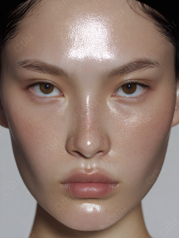 Close up of a woman with glowing, dewy skin.