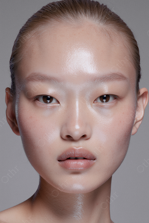 Close up of a young woman's face with slicked-back hair and luminous skin.