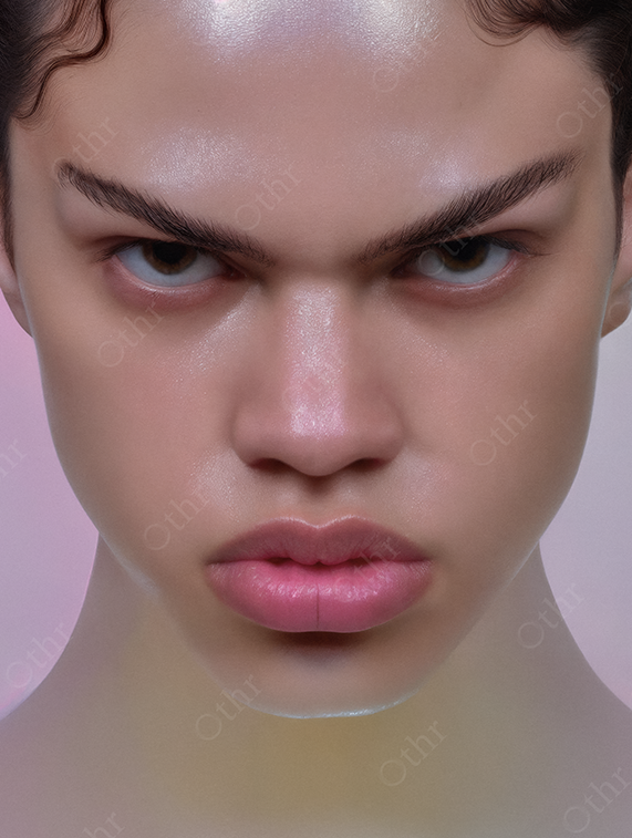 Striking Close-Up of Person with Brushed Eyebrows, Dewy Skin and Large Lips