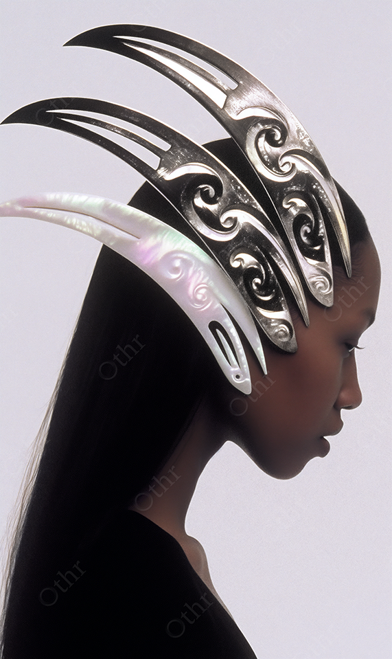 Profile of Woman With Sculptural Claw-Like Metal Headpiece