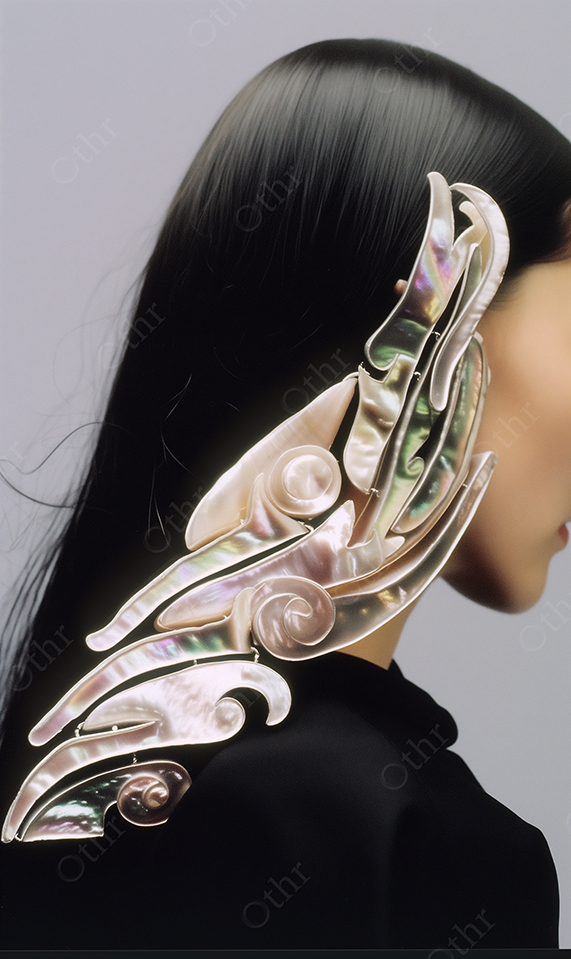 Woman in Profile With Iridescent Carved Ornament Along Side of Head and Shoulder