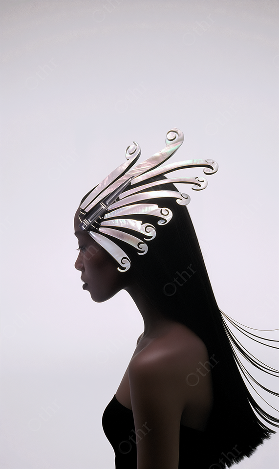 Silhouetted Person in Side Profile Wearing Fan-Like Silver Crown