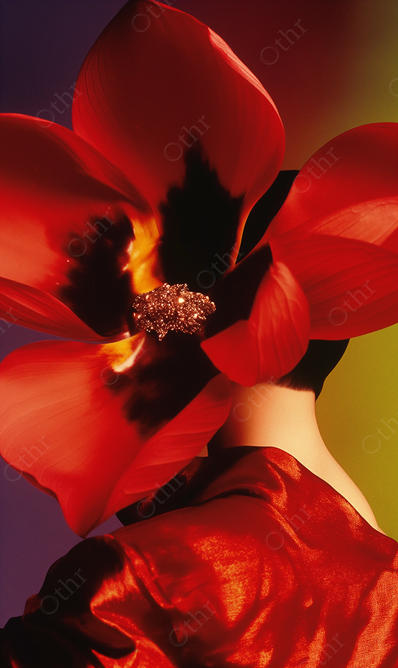 Woman in Red Satin With Oversized Red Flower Headpiece, Shown From Behind