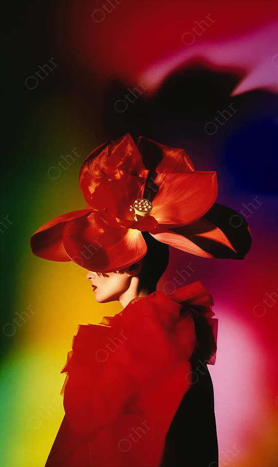 Side Profile of Woman in Red Dress Wearing Sculptural Red Flower Hat, Colorful Backdrop