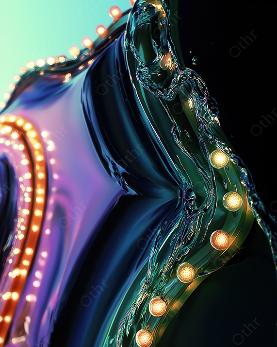 Liquid chrome sculpture with orange lights