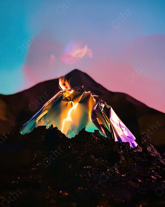 Black hill with iridescent foil flame