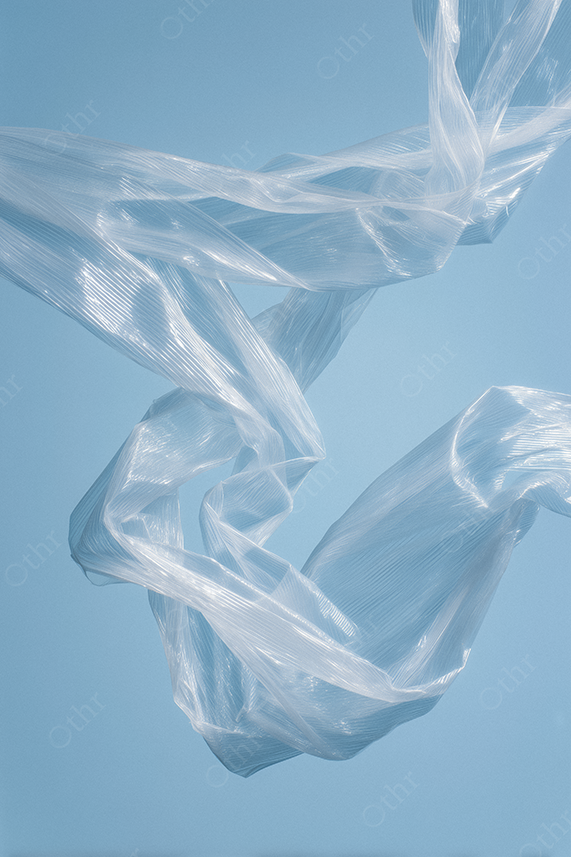 Flowing sheer fabric suspended on blue background