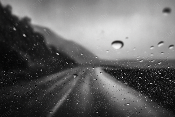 Black and white image of a water droplet on a car windshield 