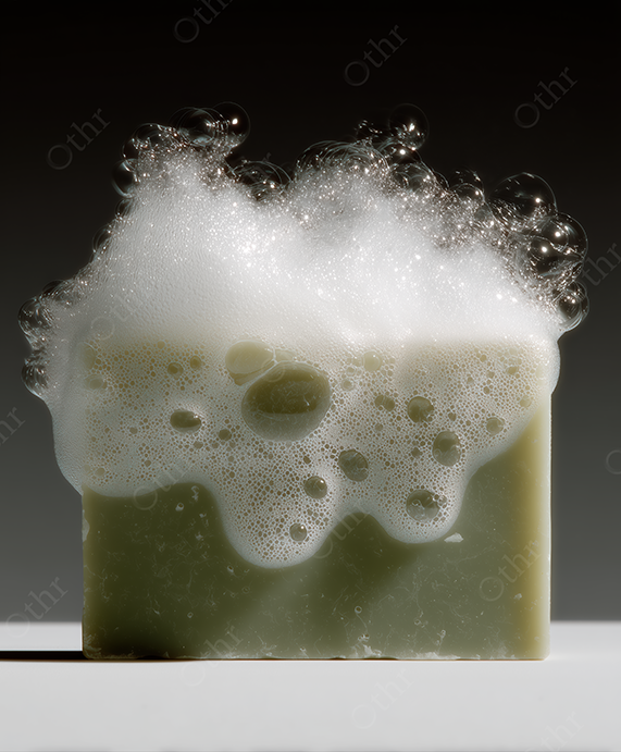 Soap Bar Covered in Bubbles on Gradient Background