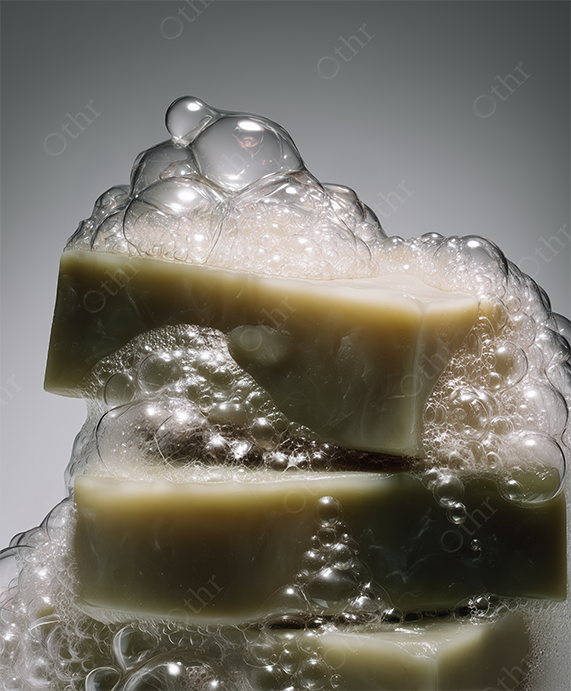 Soap Bar Covered in Bubbles on Gradient Background