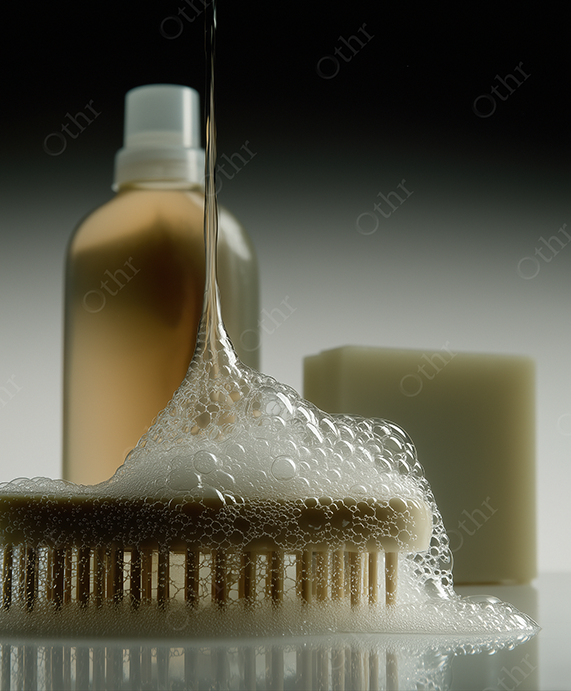 Shower Brush Covered in Bubbles with Toiletries on a Gradient Background