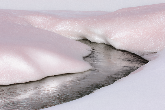 Stream Flowing Beneath Sparkling Snowbanks With Subtle Pink Tint – Winter Close-Up