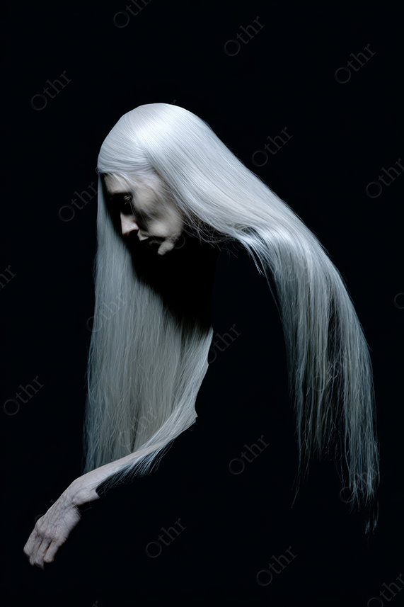 Person With Long White Hair Leaning Forward Against Black Background