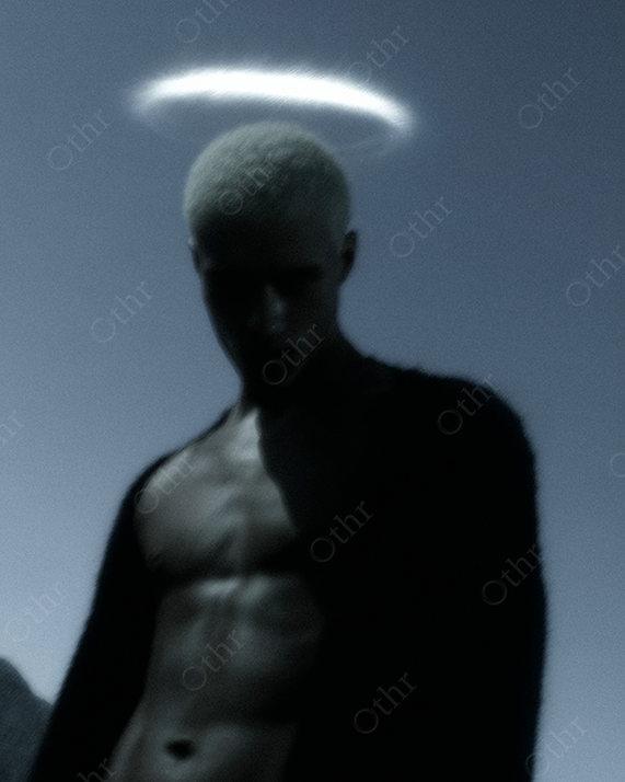 Blurry Shirtless Man with Glowing Halo in Blue Low Light Night Sky