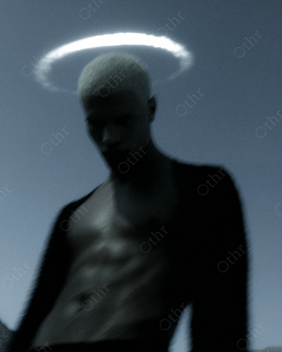 Blurry Shirtless Man with Glowing Halo in Blue Low Light Night Sky