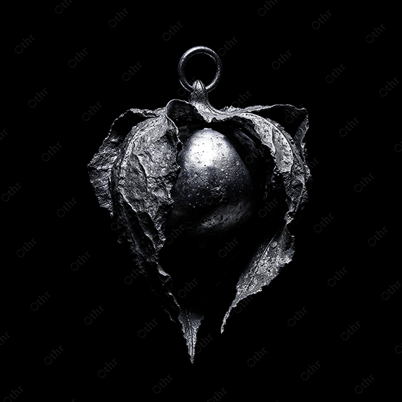 Metallic Physalis Pod Pendant With Textured Leaves on Black Background – Still Life