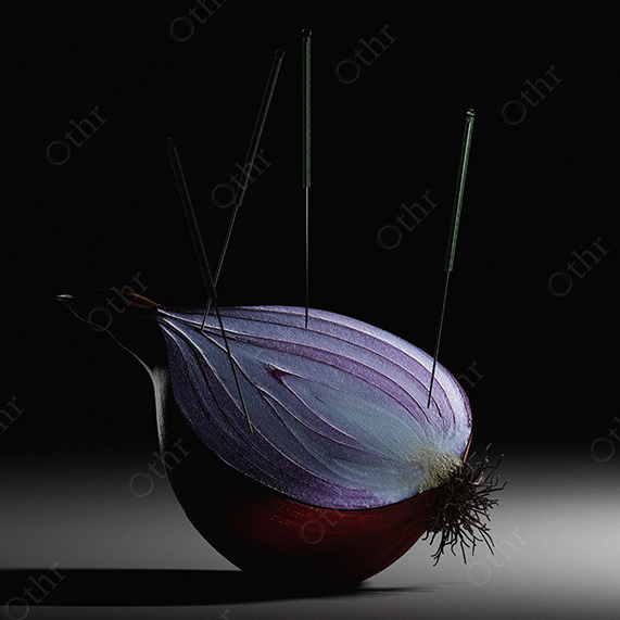 Half Red Onion With Acupuncture Needles Under Studio Lighting – Conceptual Still Life